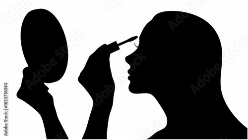 Silhouette of a woman applying makeup while looking in a mirror against a white background image view