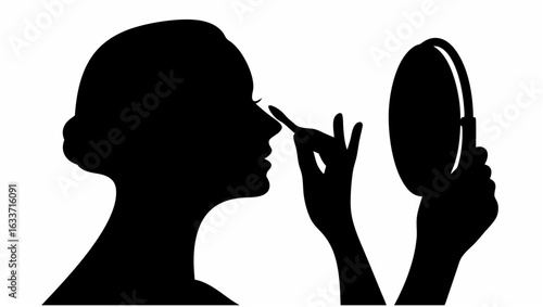 Silhouette of a woman applying makeup with a brush while looking in a mirror in a black and white image