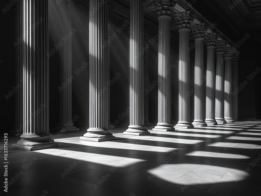 Fototapeta premium Classical Columns Interior with Sunlight Shadows in Historic Building