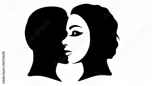 Optical illusion featuring two faces in profile forming a vase shape in a black and white illustration silhouette