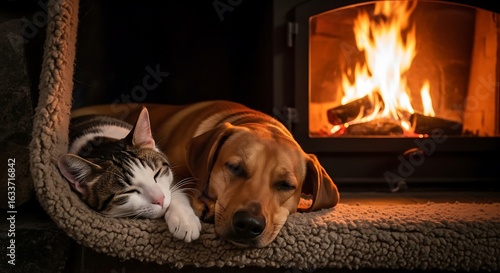 Cozy evening with pets cat and dog sleeping near the fireplace a warm and inviting scene of domestic bliss