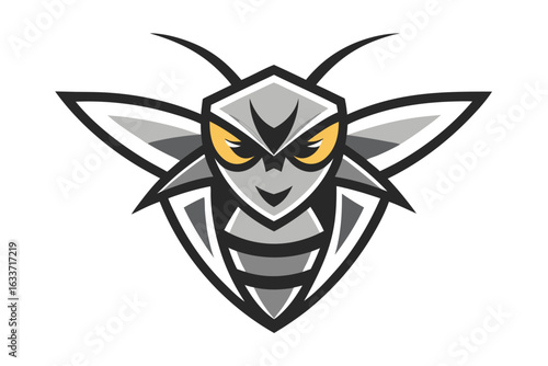 Sharp yellow eyes stare from a gray wasp with fierce determination on a white background