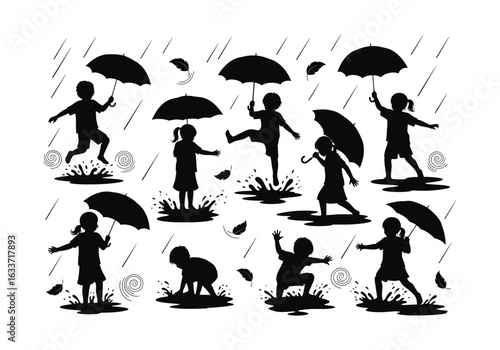 Vector art of silhouette of children playing in the rain with umbrellas isolated on white background vector