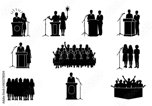 Vector art of silhouette of speaker giving speech at podium isolated on white background vector