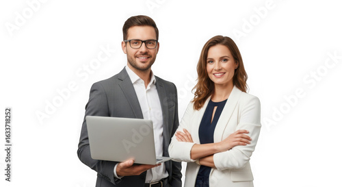 Professional business team with laptop smiling and posing in the office showing teamwork and success isolated on transparent background