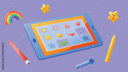 Illustration of a tablet displaying colorful shapes surrounded by art supplies on a purple background