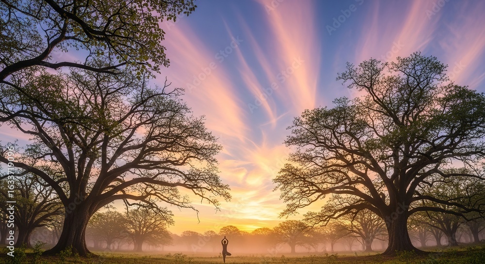 Naklejka premium Trees frame a person silhouetted against a sunrise or sunset sky.