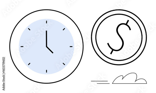 Clock with blue face alongside a dollar coin, symbolizing time and money balance or management. Ideal for finance, investment, productivity, time management, business, scheduling, economic planning