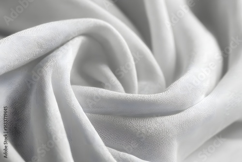 Closeup of soft white fabric with elegant folds and gentle curves, showcasing its smooth texture and luxurious drape in a detailed macro shot