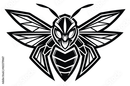 Sharp lined black wasp with striking wings faces forward in a stylized vector