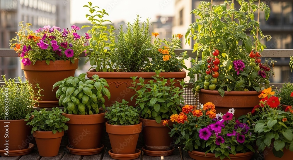 Naklejka premium Various potted plants and flowers are arranged on a balcony in daylight.