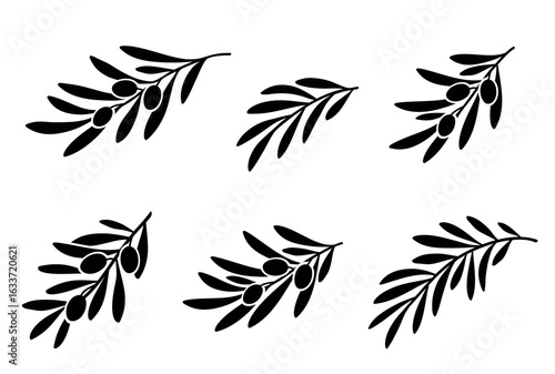 Olive branches leaves set silhouettes