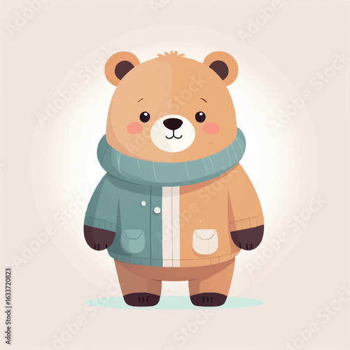 Adorable Cartoon Teddy Bear Wearing a Split-Color Jacket and Scarf