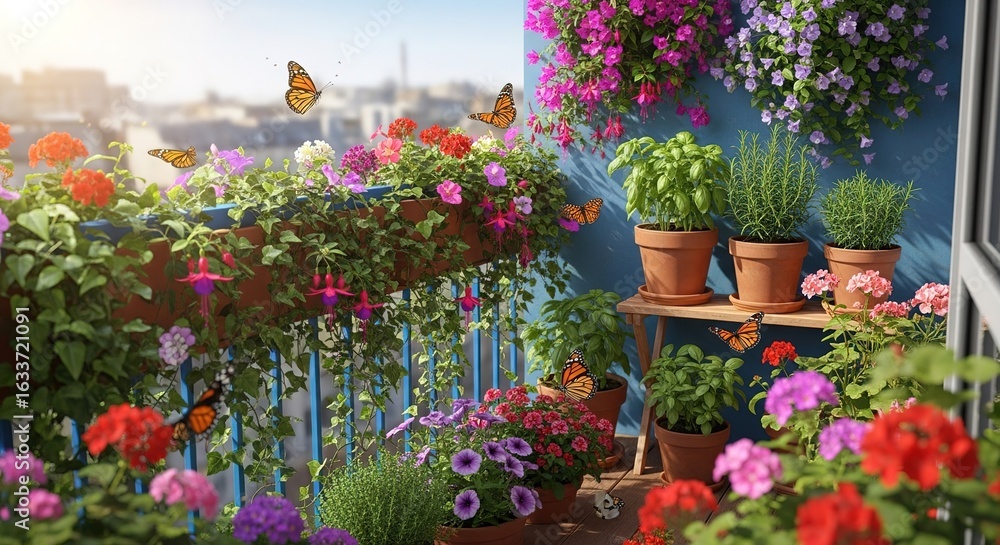 Fototapeta premium Balcony filled with colorful flowers in pots and hanging planters sunny day.