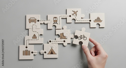 Planning a trip itinerary concept. Hand connecting puzzle pieces with icons for car, train, plane, and boat travel
