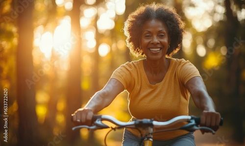 Candid elderly black woman cycling through the woods at golden hour,  outdoor fitness and wellness, Generative AI