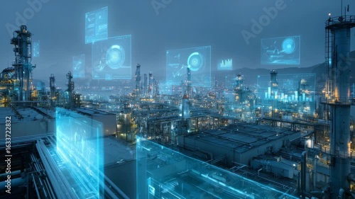 digital display showing production data and statistics floating in a futuristic manufacturing plant