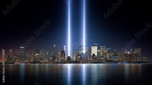 Twin beams of light in New York City sky, Patriot Day tribute at night