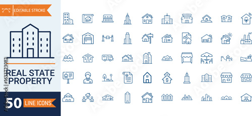 Collection Of Modern Editable Thin Line Style Real Estate Properties Icons Set Containing Urban Architecture, Building, Skyscraper, Pictograms, Infographics And More