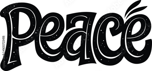Peace Hand Lettering Black and White Illustration on Transparent Background