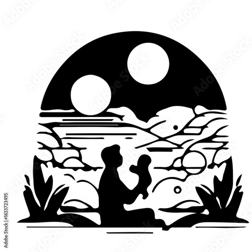 Minimal father and child bonding vector illustration in blac