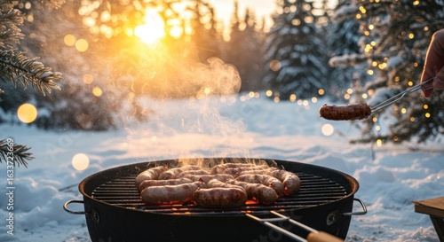 Winter BBQ scene with sausages grilling outdoors in snowy forest at sunset.
