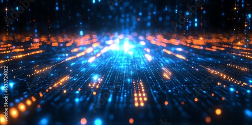 Futuristic Digital Data Stream with Blue and Orange Lights in Abstract Technology Style