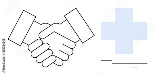 Handshake symbolizing agreement alongside a medical cross representing healthcare. Ideal for collaboration, partnership, trust, healthcare, medical service, teamwork, professional ethics. A simple
