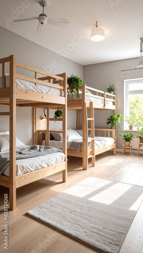 Light-filled room with multiple wooden bunk beds, light gray walls, and a light rug