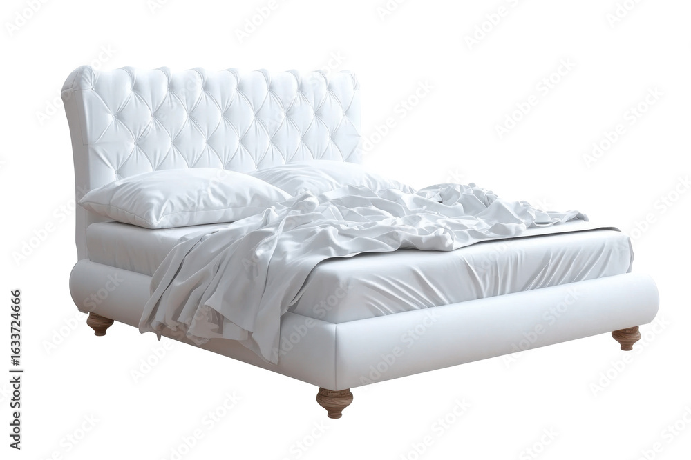 Obraz premium Luxurious white upholstered queen sized bed featuring tufted headboard and soft bedding, perfect for creating cozy and elegant bedroom atmosphere