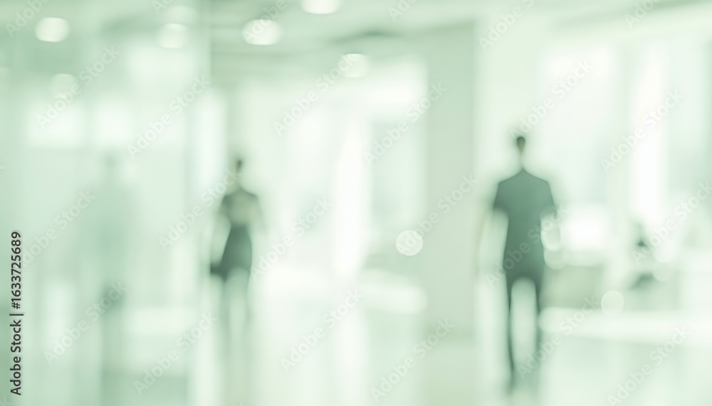 Fototapeta premium Blurred figures in a bright hallway with light green tint, softened by a hazy glow and architectural lines that stretch into the distance, evoking a sense of motion and depth.