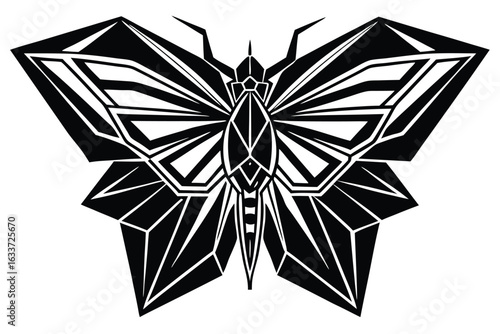 Intricate geometric butterfly displays sharp lines and bold contrasts in monochrome silhouette art
