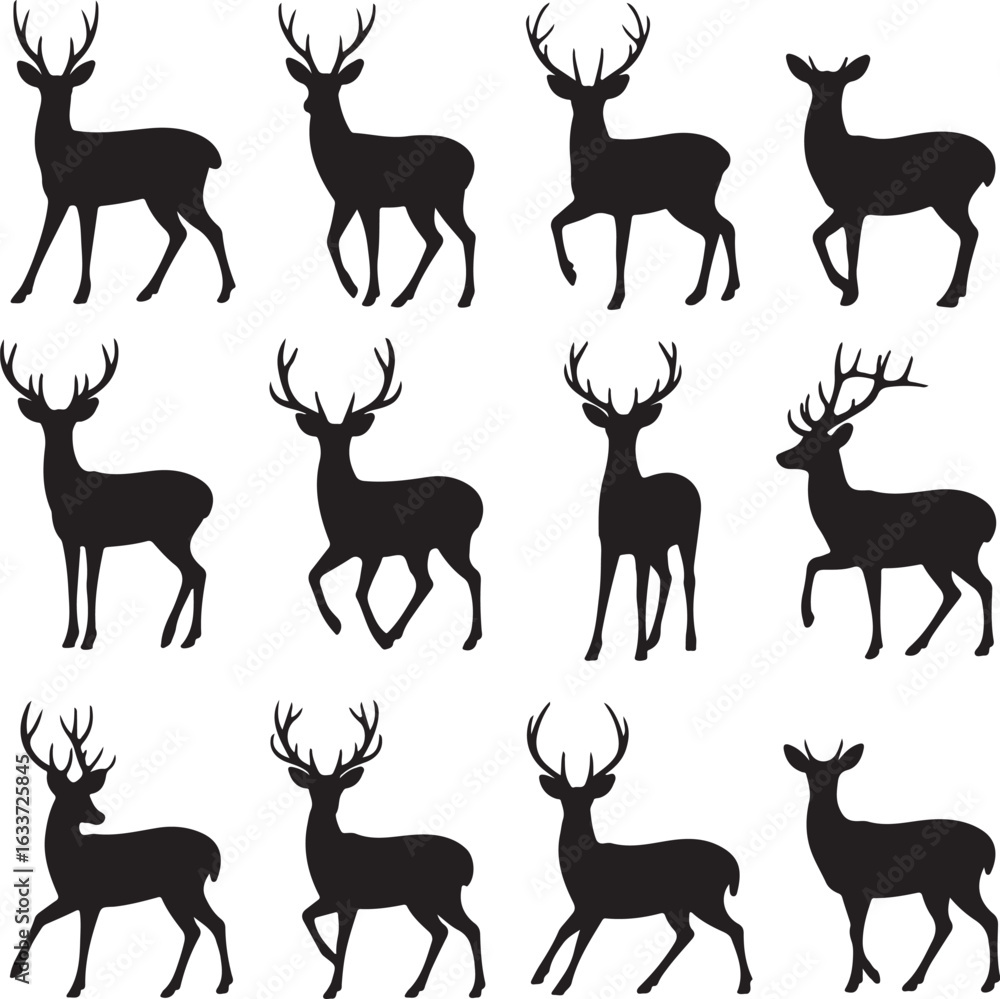 Naklejka premium Graphic black silhouettes of wild deers – male, female and roe deer