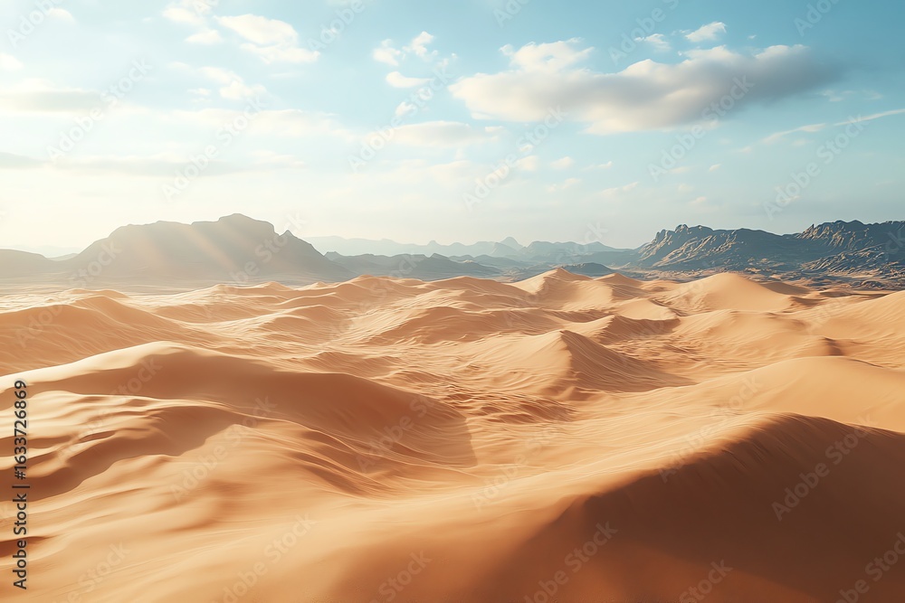 Naklejka premium Desert Landscape with Sand Dunes Under Blue Sky and Mountain Range