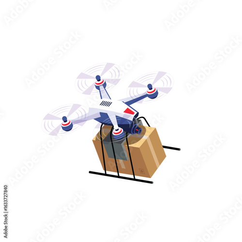 Drone delivery. Isometric illustration with the concept of autonomous delivery by drone. Logistics and aerial survey. Element for your design. Vector illustration.