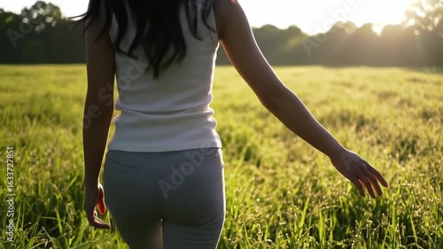 Person walking through a field on a sunny day