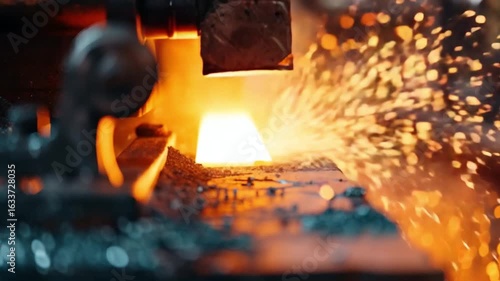 Molten metal being processed in a machine.  Hot metal piece being worked on in a factory setting.  Sparks and fire are visible in the background