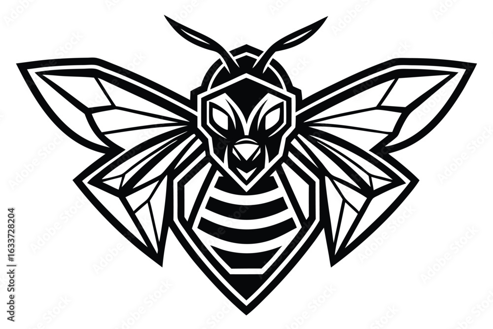 Fototapeta premium Isolated bold black honeybee shows geometric design elements with intricate stripes and wings