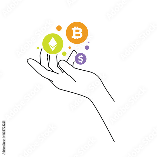 Bitcoin coin, ETH and dollar in the hands. Line icon on white background