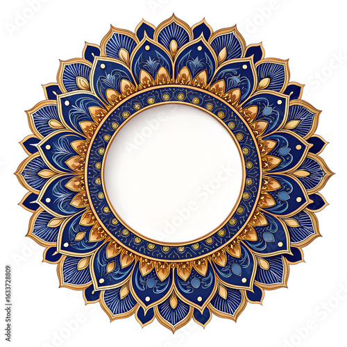 A decorative blue and gold mandala plate with intricate floral patterns. The center is empty, allowing for customization or display.