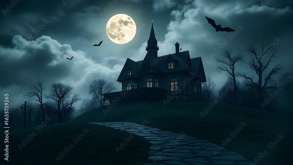 Fototapeta premium Haunted House on Hill Under Full Moon with Bats and Fog, Cracked Pathway, Spooky Halloween Backdrop