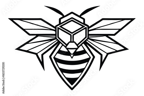 Striking black and white bee emblem with geometric wings and a cube head looks fascinating