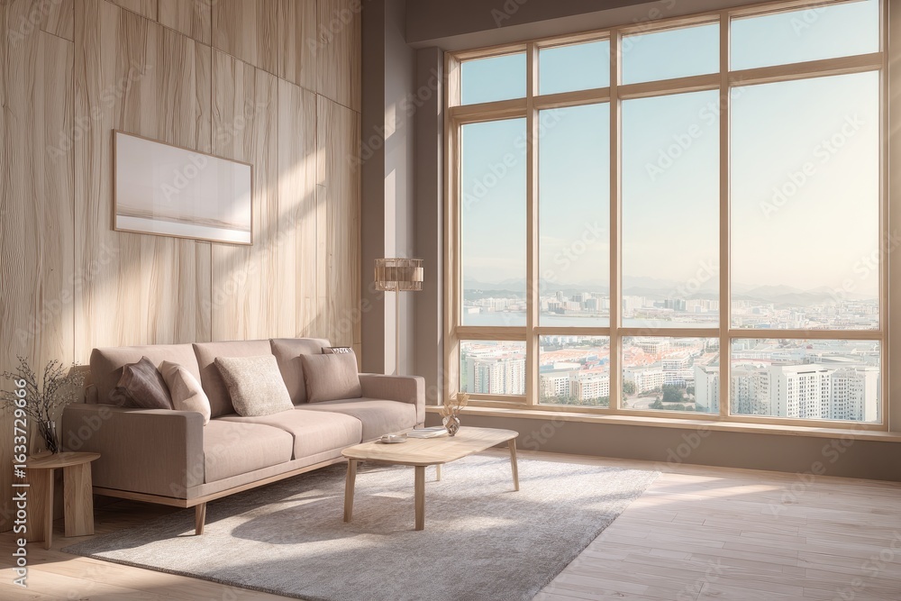 Fototapeta premium Light-filled modern living room with wooden accents