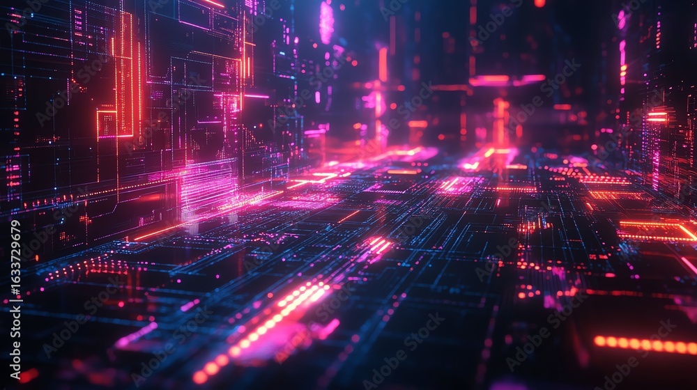 Fototapeta premium Futuristic Digital Data Network with Neon Pink and Blue Circuitry in High Tech Virtual Environment