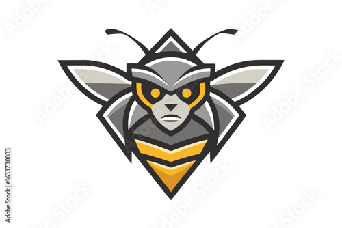 Striking bee emblem showcases a formidable stance with its fierce yellow eyes and grey body