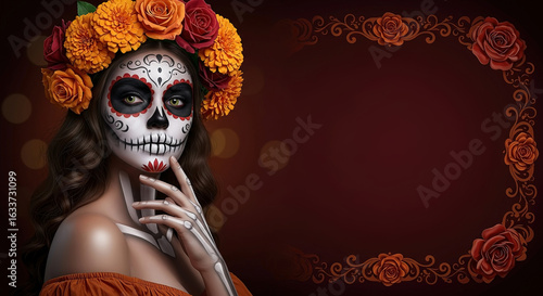 Woman adorned in vibrant makeup and flowers, honoring heritage and tradition during Day of the Dead celebrations