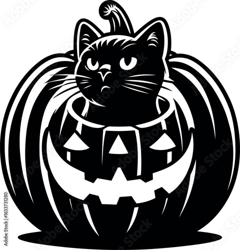 Black Cat in Jack-o'-lanterns silhouette illustration