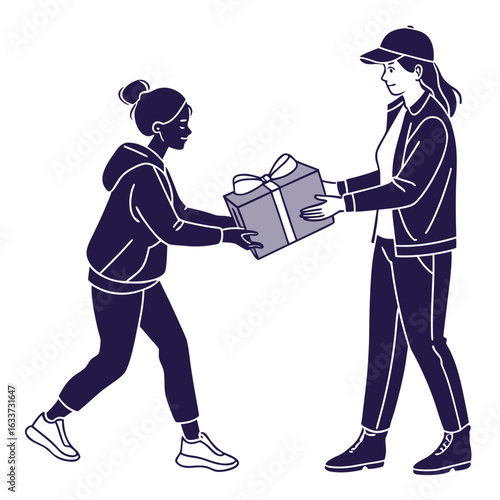 A woman delivers a gift to another woman isolated on white background