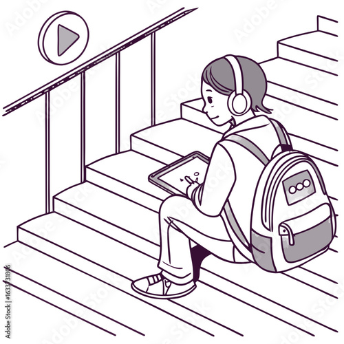 Boy with backpack sitting on stairs watching video on tablet