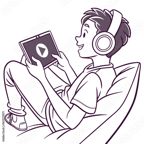 Boy with headphones is relaxing on a beanbag chair watching a video